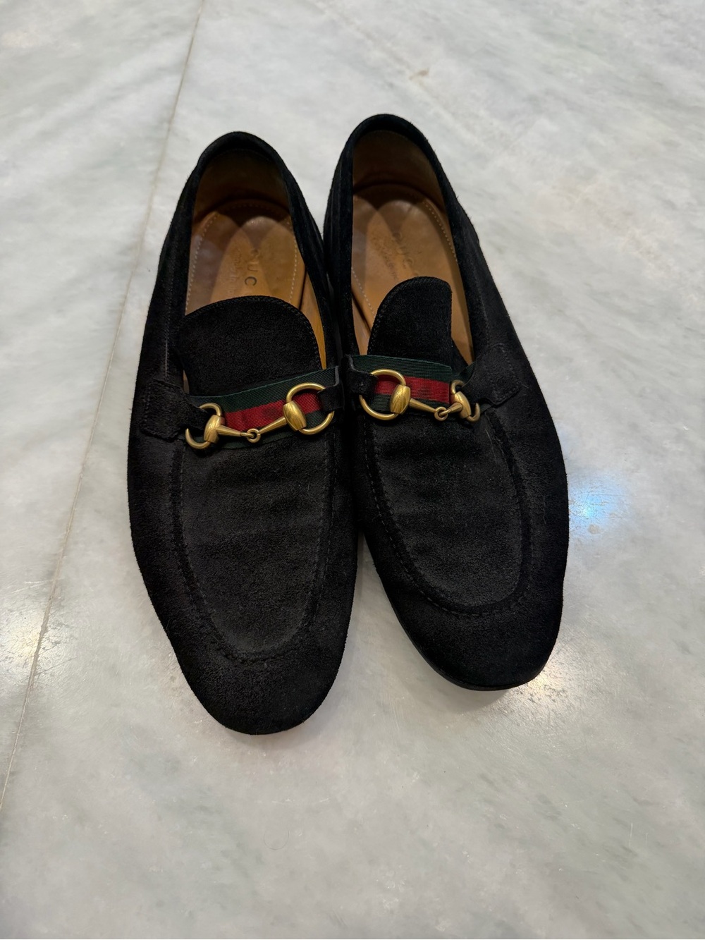 Gucci Black Suede Loafers with Red-Green Web and Gold Horsebit